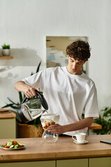 In a sunny kitchen, a curly-haired man skillfully brews coffee, surrounded by vibrant fresh ingredients.