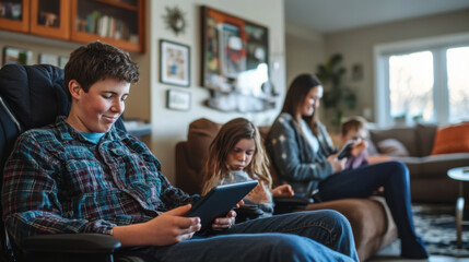 Fototapeta premium Children enjoying quality time in a cozy living room while using a tablet on a relaxed afternoon