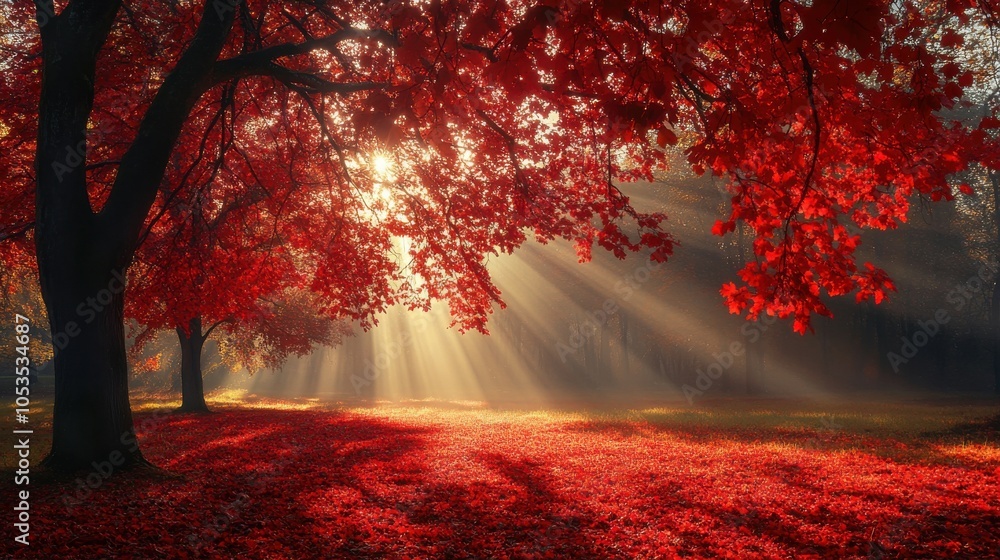 Poster sunlight filtering through red and gold trees