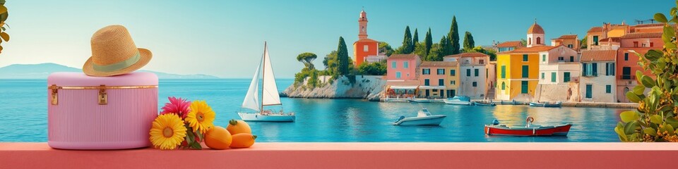 Obraz premium Colorful coastal scenery with a hat and flowers on a pink suitcase.