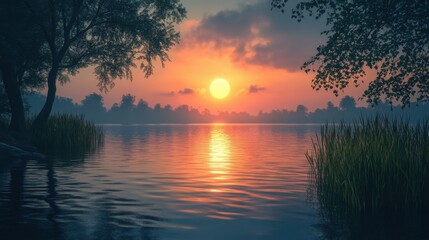 Obraz premium Sun setting over a tranquil lake