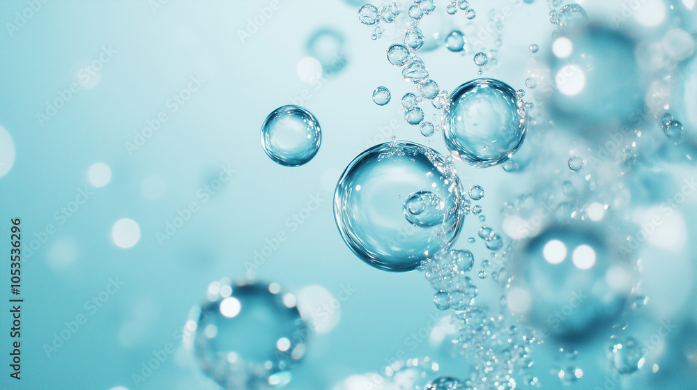 Poster bubbles float gracefully underwater, creating serene and calming atmosphere. clear blue background e