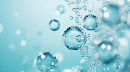 Bubbles float gracefully underwater, creating serene and calming atmosphere. clear blue background enhances sense of relaxation and tranquility