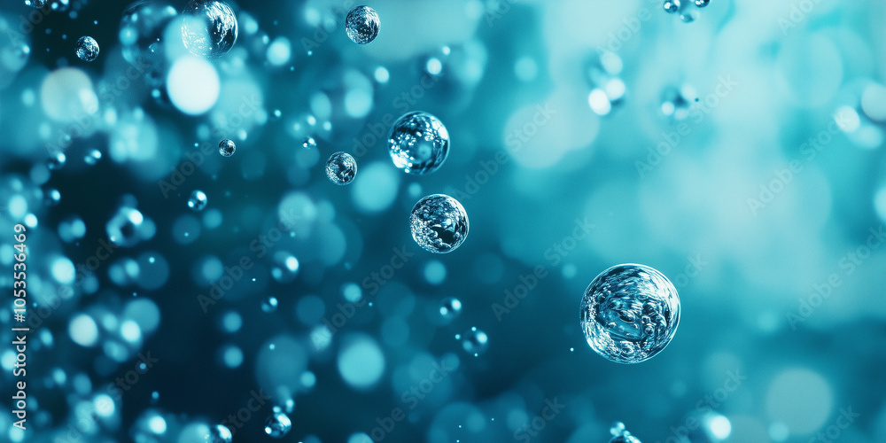 Poster Bubbles float gracefully underwater, creating serene and calming atmosphere with bluish hue. scene evokes sense of relaxation and tranquility