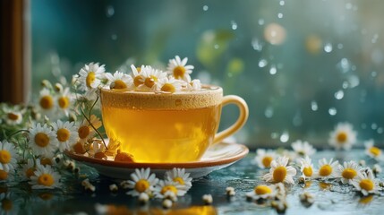 Warm cup of chamomile tea with honey