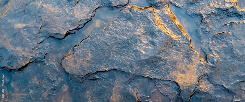 Fototapete Smooth dark rocks beneath shallow water layer create serene and textured landscape, with subtle reflections adding depth and warmth