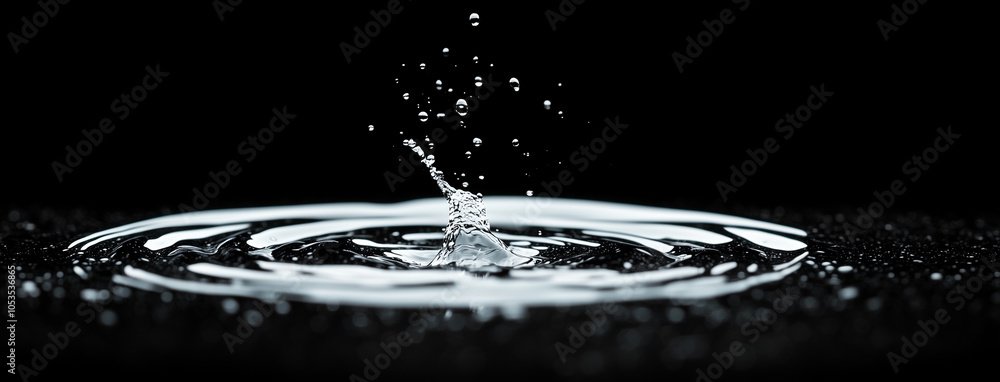 Aufkleber black and white photograph captures ripples in water with droplets splashing upwards, creating seren