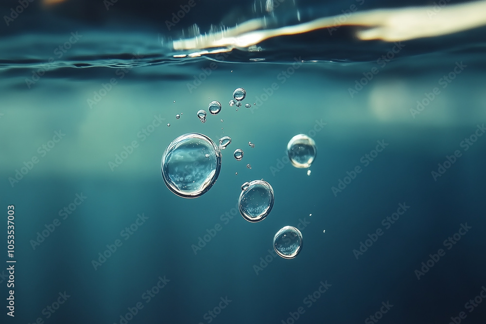 Poster bubbles float gracefully underwater, creating serene and calming atmosphere. clear blue water enhanc