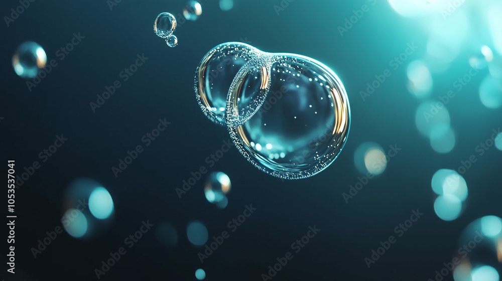 Poster bubbles float gracefully underwater, capturing light and creating serene, mesmerizing scene. clarity