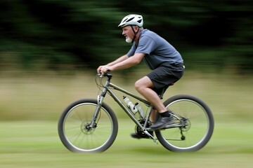 A man is riding a bicycle on a grassy field. The image has a sense of motion and energy, as the man is pedaling and the bicycle appears to be in motion. The man is wearing a helmet