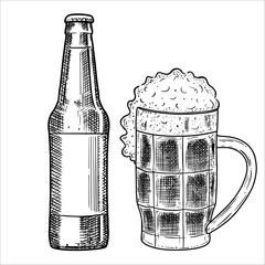Hand draw bottle and mug with beer. Vector illustration