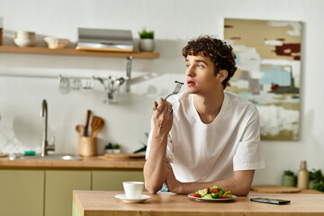 In a chic modern kitchen, a curly-haired young man savors a light meal while contemplating life.