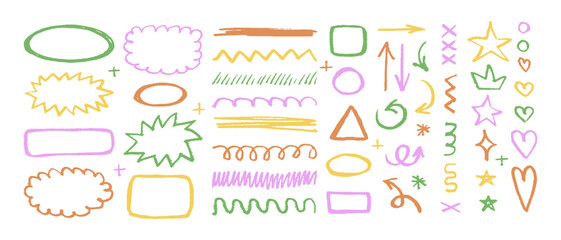 Sketch scribble underline set editable stroke, emphasis line shape. Hand drawn doodle brush highlight, arrow, speech bubble cloud. Simple vector illustrations