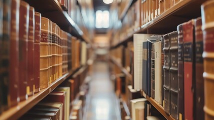 A long aisle in a library filled with bookshelves lined with books, with a window at the end of the aisle.