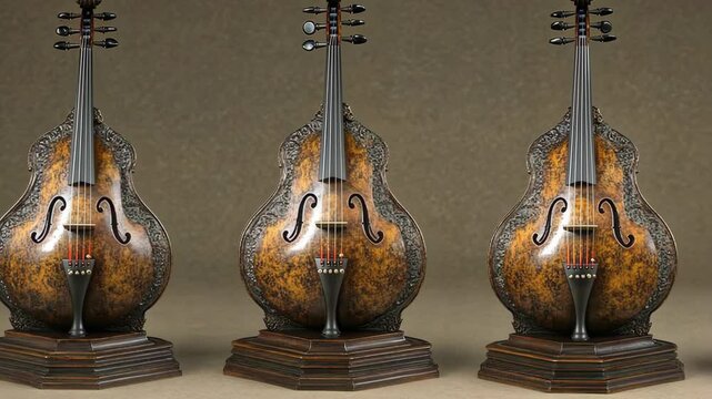 Three ornate violins sit on wooden stands in a display
