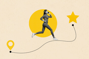 Composite trend artwork image collage of copyspace miniature young woman cll phone talk run moving...