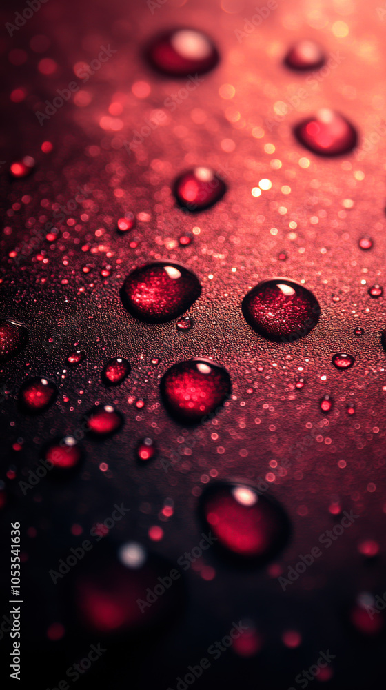 Poster close-up of glistening red droplets on a dark surface, captured in a softly lit setting highlighting