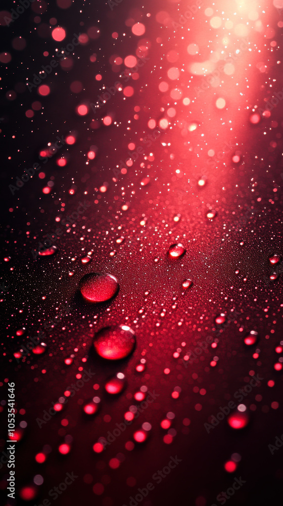 Poster close-up of glistening red droplets on a dark surface, captured in a softly lit setting highlighting