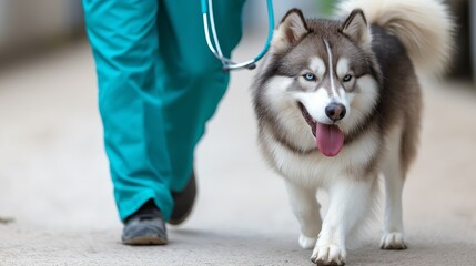 Veterinarian walking husky dog with stethoscope for pet care, health and companionship. Animal doctor, pet exercise and veterinary scrubs for outdoor, wellness and professional animal service