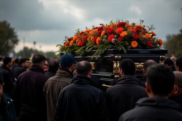 Men carry the coffin on their shoulders. The last journey.
