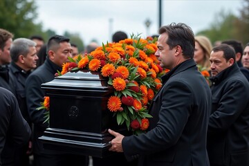Men carry the coffin on their shoulders. The last journey.