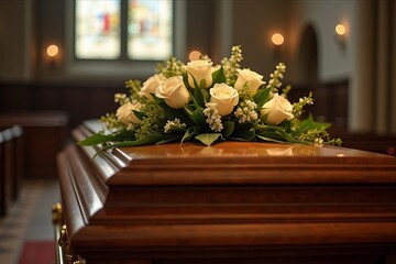 A coffin at a funeral with flowers at a funeral service. Funeral arrangements. Funeral services