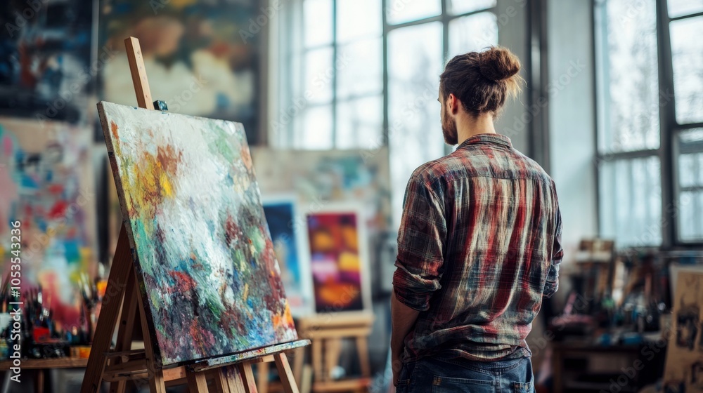 Poster a man observes a vibrant canvas in an art studio filled with diverse paintings. natural light stream
