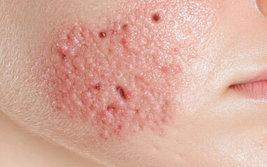 Fototapeta premium Close-up of acne on skin, emphasizing texture and skin irregularities.