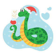Obraz premium Cute cartoon snake holding a glass with red wine. Vector of the symbol of the new 2025 year