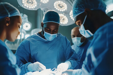 Team of skilled plastic surgeons performing surgery with precision in a sterile operating room environment, prioritizing patient safety and teamwork.