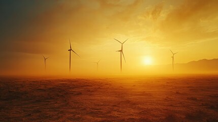 Obraz premium Wind turbines on a barren landscape.