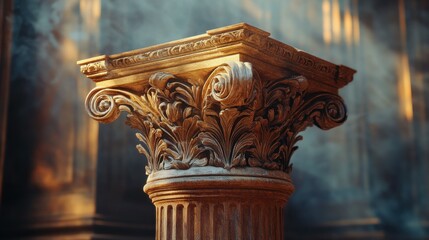 Vintage wooden pedestal with ornate details, highlighted by soft lighting.