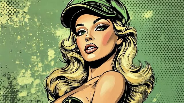 A woman with blonde hair and a green cap poses against a green background with polka dots