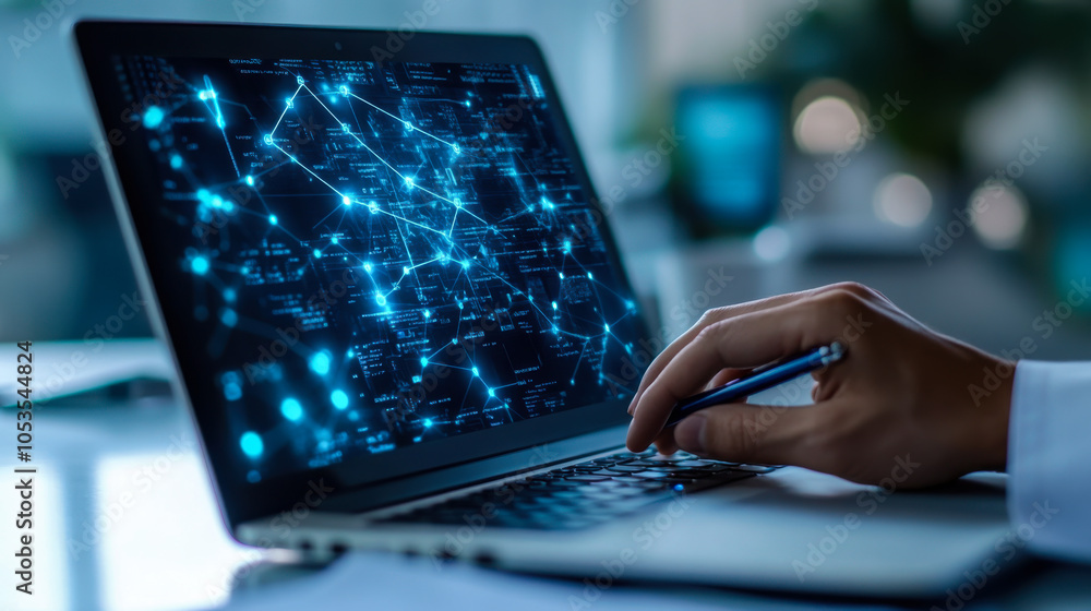 Poster a person typing on a laptop with a glowing digital network overlay in a modern workspace during dayl