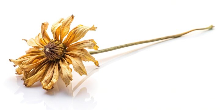 Wilted flower isolated on white, showcasing the fragility of life