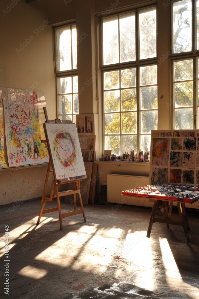 Aufkleber bright sunlight streams through large windows in an artist's studio, illuminating easels and various