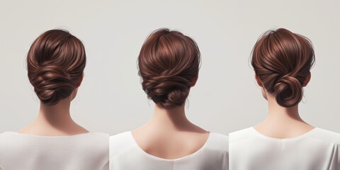 Elegant hairstyles displayed on a model, showcasing three distinct updo variations against a plain background