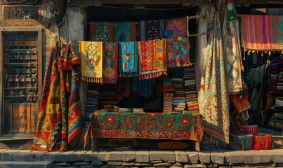 Obraz premium Textile vendor with intricate fabrics and patterns, cultural richness 4K hyperrealistic photo.