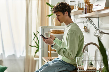 A handsome young man sips coffee, engaged with his phone in a bright, modern kitchen setting.