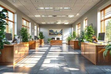 A traditional corporate office with cubicles, desktop computers