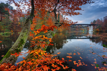 Autumnal scenery and the railway bridge in Rutki, Kashubia. Poland