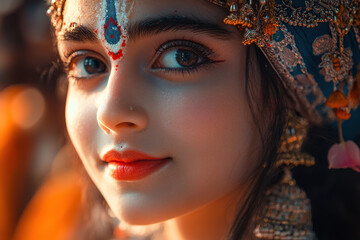 Beautiful Indian young woman against the backdrop of a street festival.