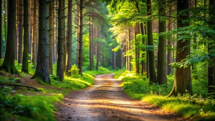 Fototapeta premium Winding forest path disappearing into trees with forest bokeh background