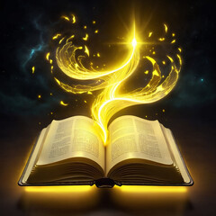 An open book with a glowing, ethereal light emanating from its pages, casting a warm golden glow on the surrounding area. The light forms intricate swirls and patterns, suggesting magic or knowledge.