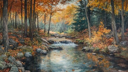 Woodland stream with autumn leaves