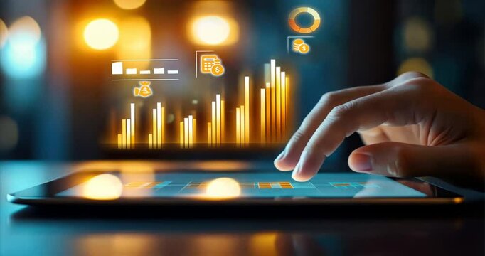 Hand on smart tablet with holographic graphs and bar charts floating, digital financial planning, financial literacy, loans planning