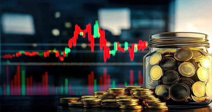 Jar of golden coins on table with stock market chart, financial education, loans planning, financial literacy