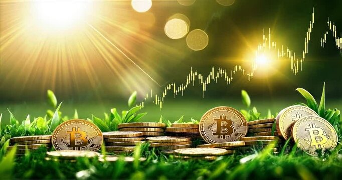 Stock chart rising on green grass and coin background, financial literacy, investment, money management
