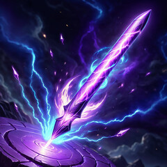 Obraz premium A glowing purple sword, imbued with electrical energy, pierces a circular stone platform. Purple and blue lightning emanates from the sword and stone.