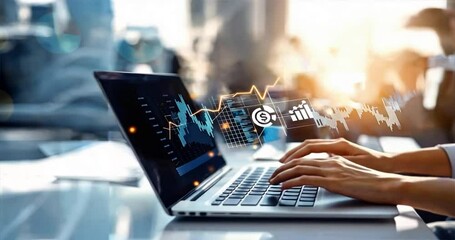 Person typing on laptop with digital charts and graphs floating above, financial literacy, financial coaching, money management